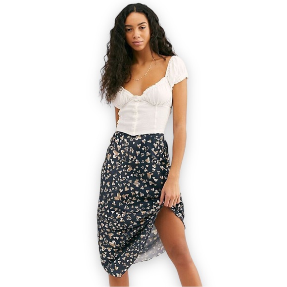 Free People Dresses & Skirts - Free People Satin Midi Skirt Heart Print